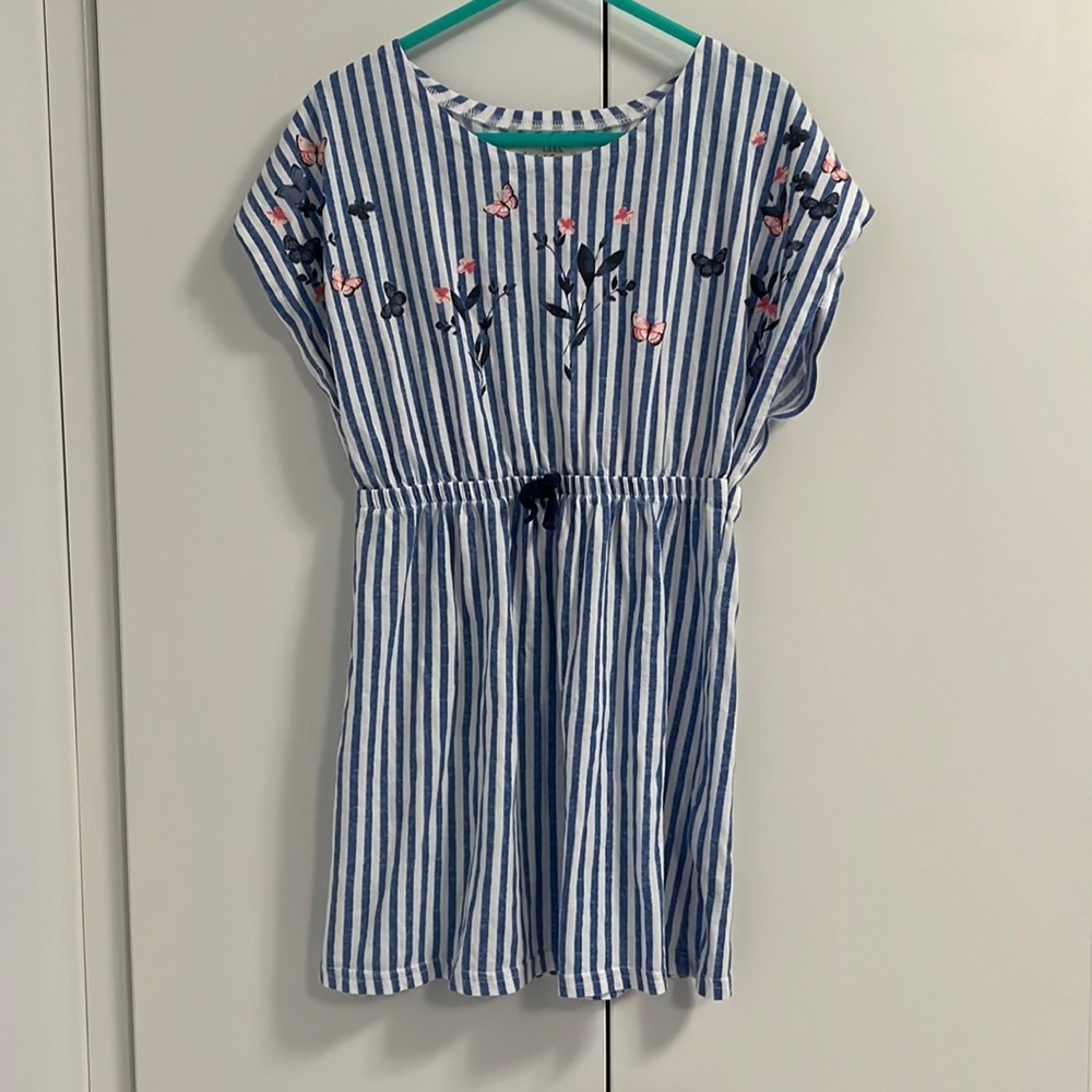 Striped Dress Floral Detail Cinched Waist Girls 4-6Y